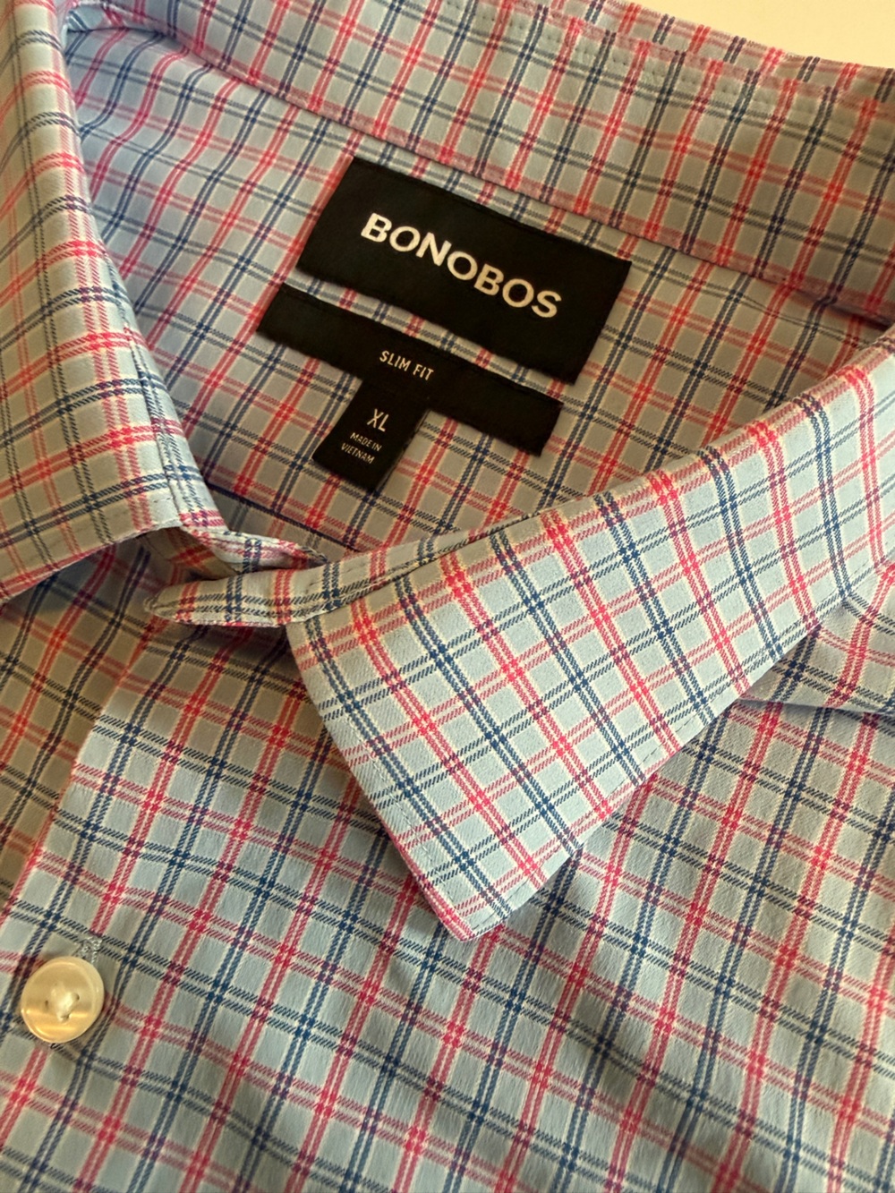 BONOBOS Slim Fit Button-Down Dress Shirt – Men’s XL – Blue Pink & Navy Plaid